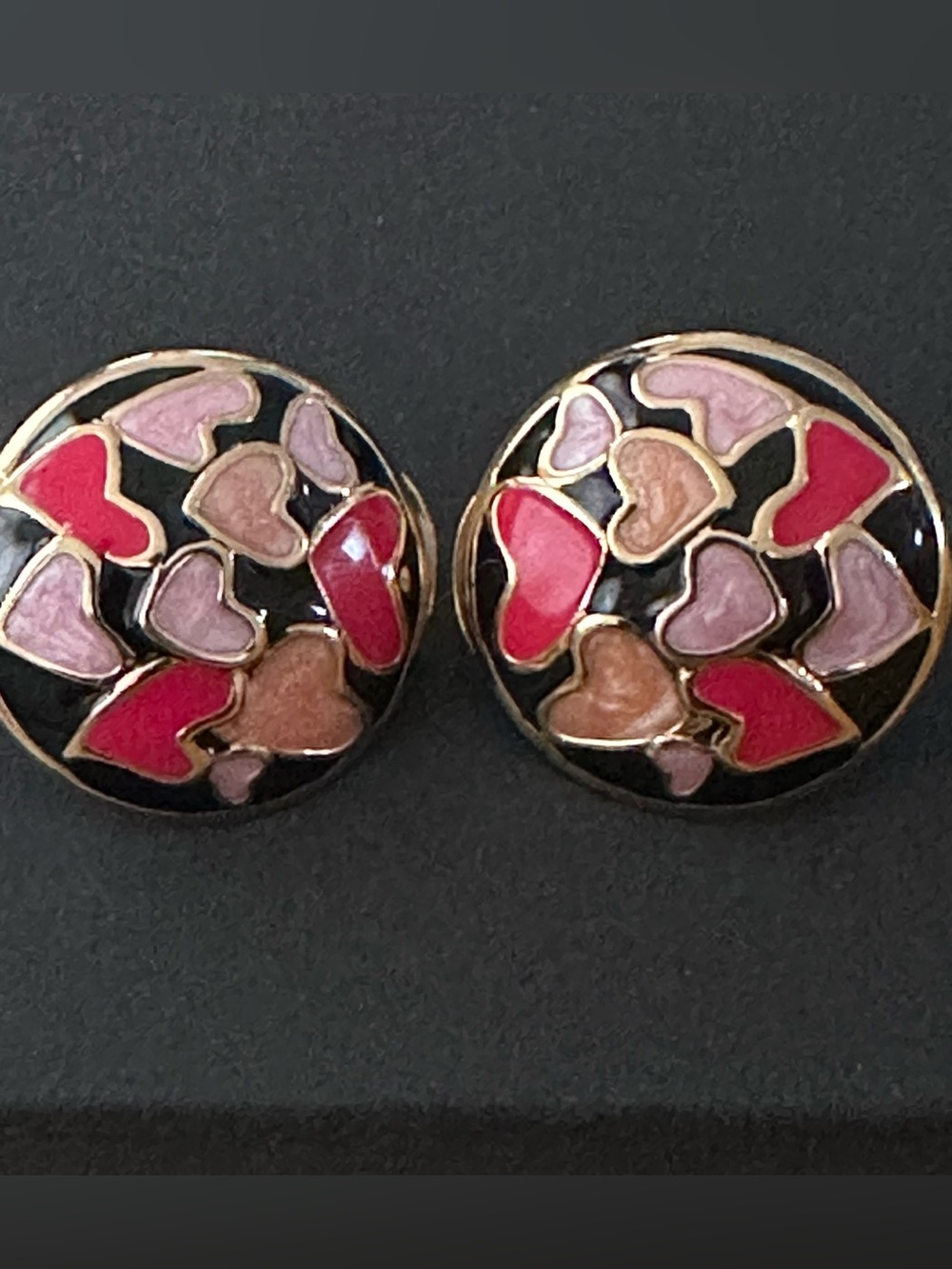 Vintage Bob Mackie Wearable Art Gold-Tone Heart Enamel Clip-on Earrings
